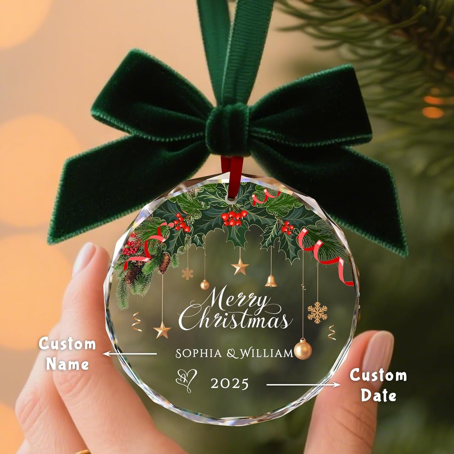 Custom Christmas Ornament Glass-Personalized Christmas Ornaments with Photo/Name/Date/Text,Wedding