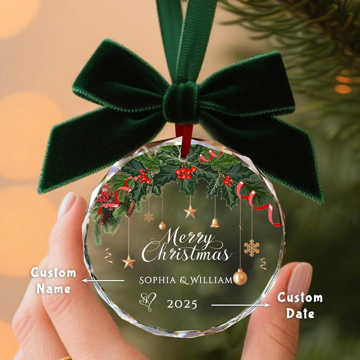 Custom Christmas Ornament Glass-Personalized Christmas Ornaments with Photo/Name/Date/Text,Wedding