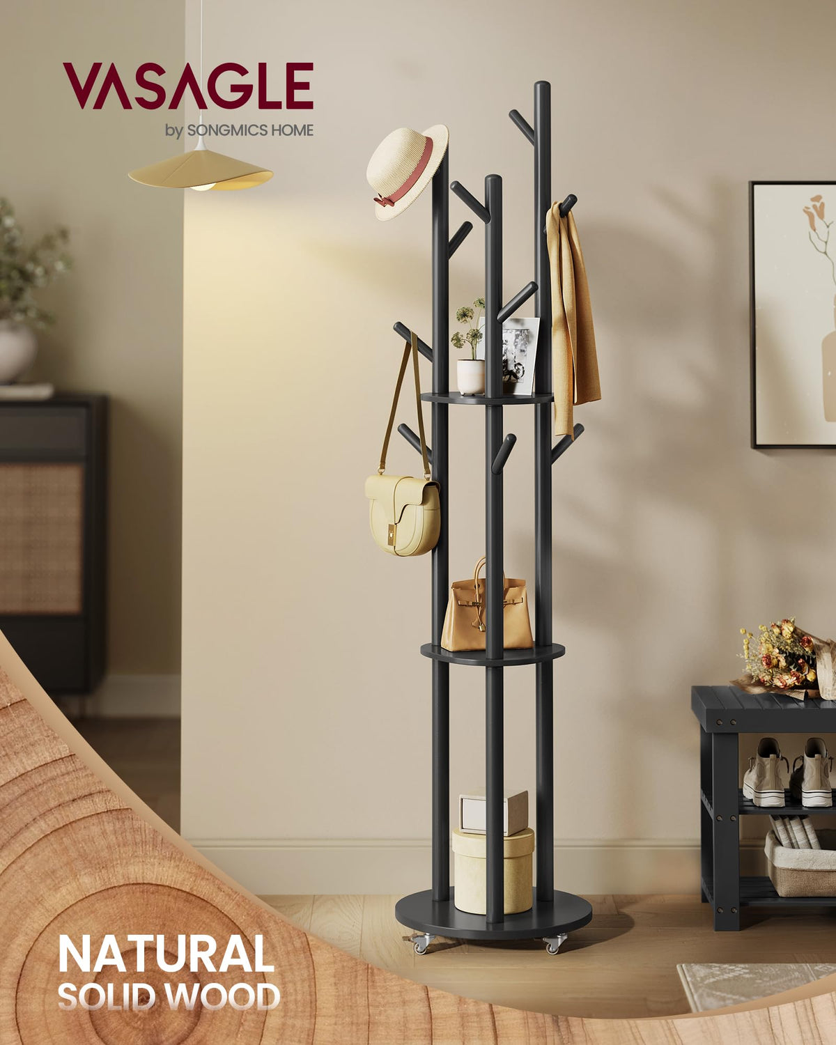 VASAGLE Freestanding Coat Rack Stand, Coat Tree with 11 Hooks, 3 Shelves, 4 Removable 360° Swivel