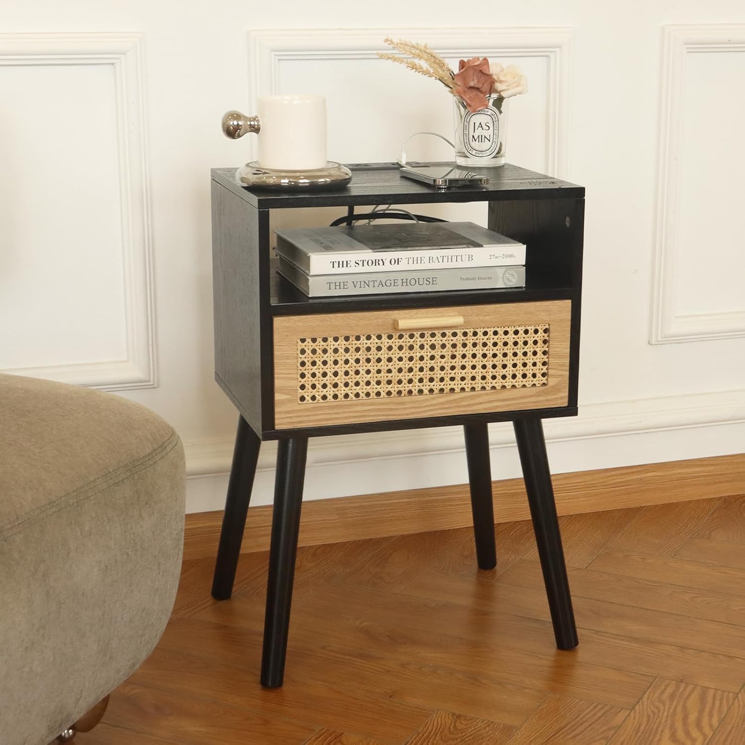 MaxSmeo Mid Century Modern Nightstand with Charging Station, Bedside Tables with Rattan Drawer