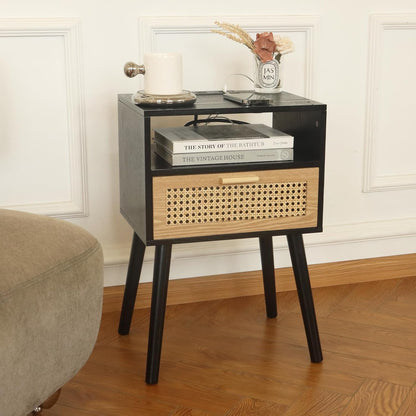 MaxSmeo Mid Century Modern Nightstand with Charging Station, Bedside Tables with Rattan Drawer
