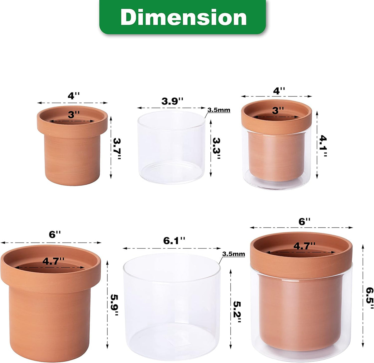 Phoenix Vine 4 Inch 6 Inch Self Watering Planter Pots, Terracotta Clay Pots with Glass Reservoir