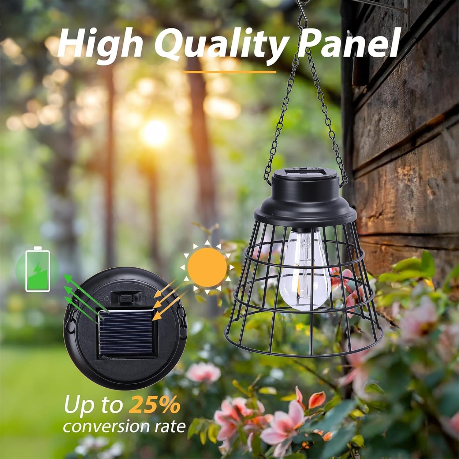 2 Pack Solar Lanterns Outdoor Waterproof , Metal Cage Design with Replaceable LED Bulb, Waterproof