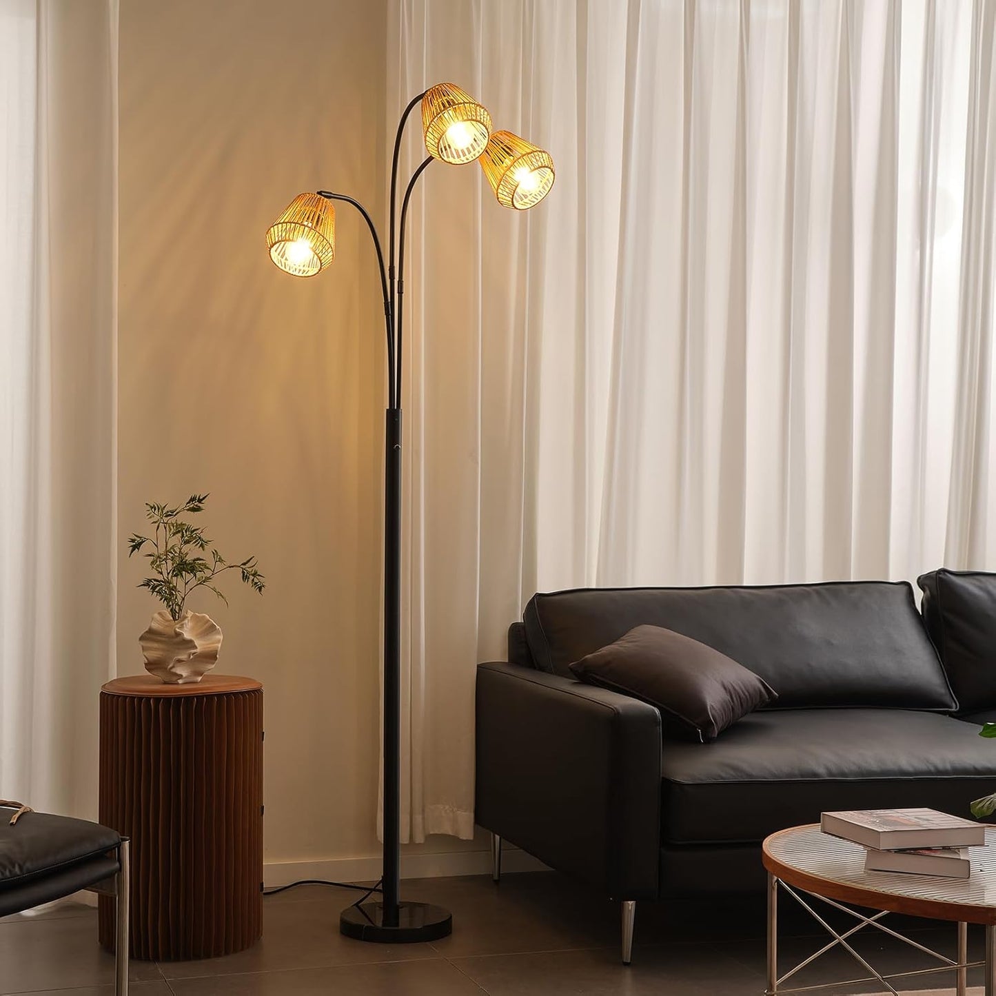 Rattan Floor Lamp for Living Room, 72 Inch Tall Boho Floor Lamp with Rotary Switch, 3 Light Arc