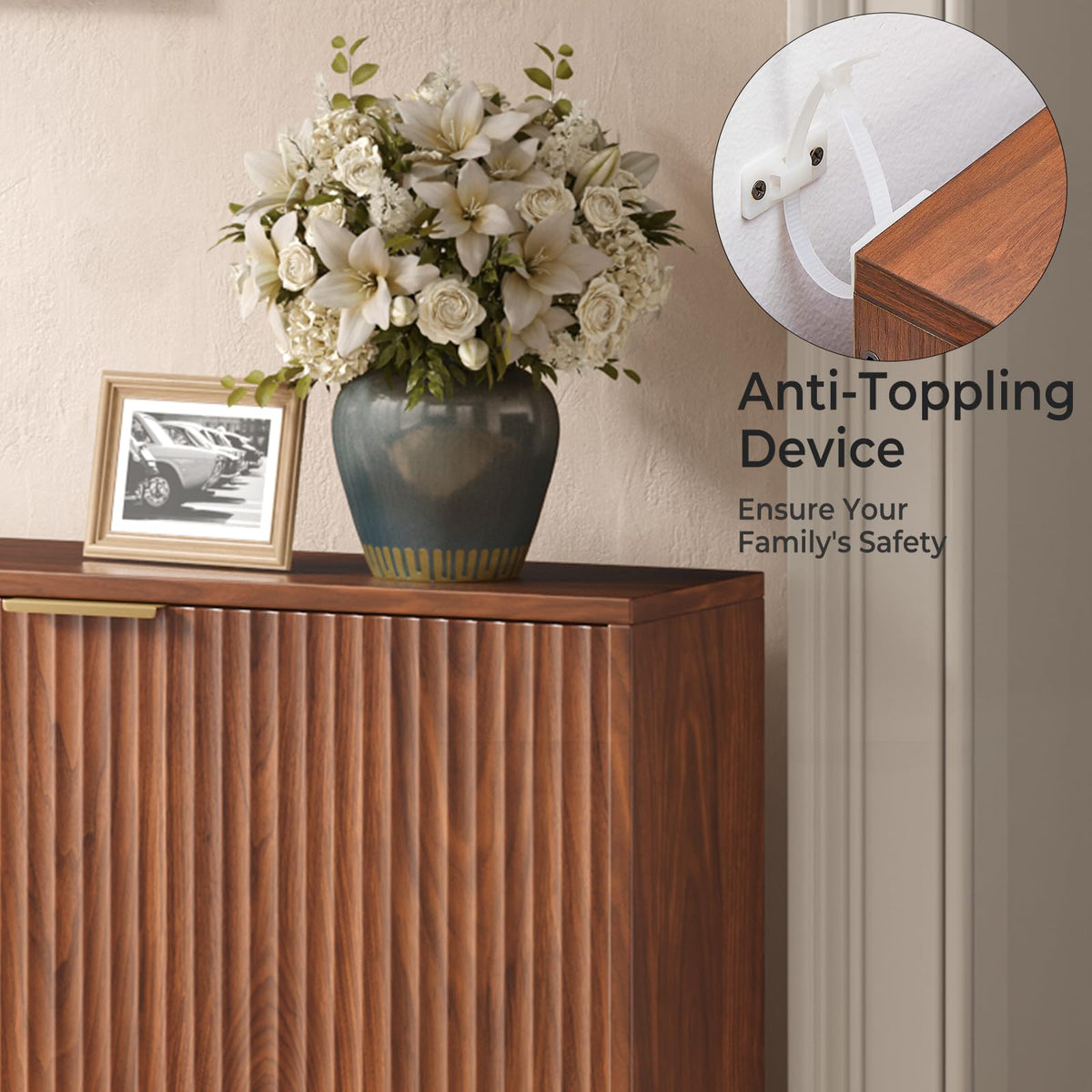Hootata 47.2''W Walnut Shoe Storage Cabinet for Entryway with 4 Flip Drawers, Fluted Slim Shoe
