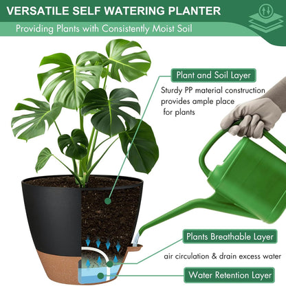 2 Pack 10 inch Plant Pots, PP Plastic Self Watering Plant Pot with Drainage and Tray for Indoor