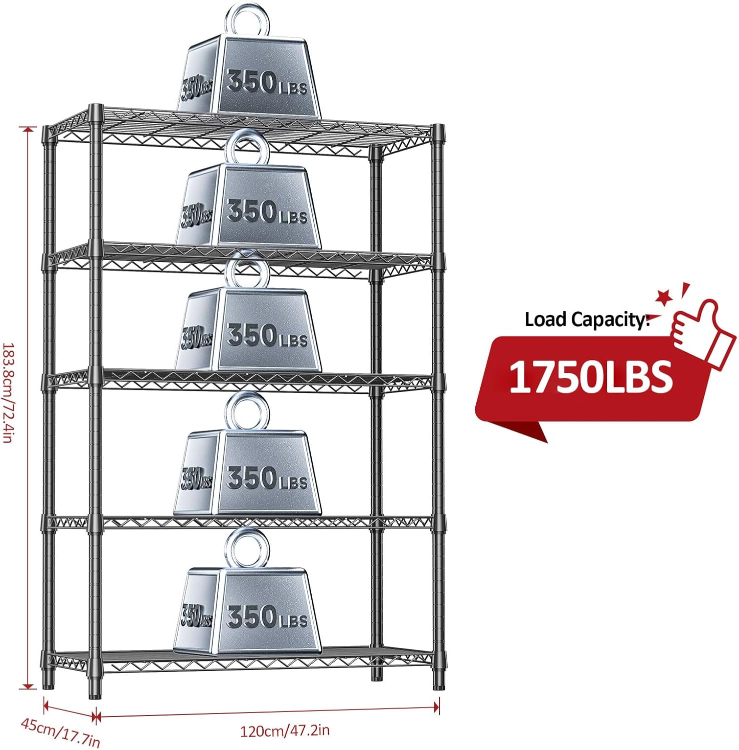 IZEUK 5-Tier Heavy Duty Metal Storage Shelving Unit (Black, 17.7" D x 47.2" W x 72.3" H, 1750 lbs