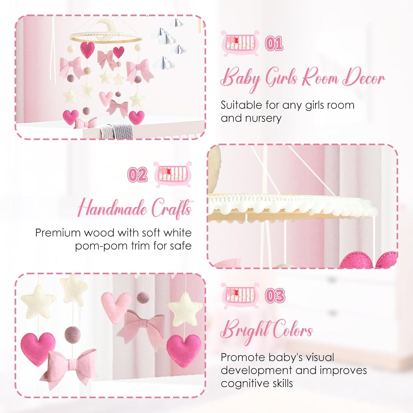 Baby Mobile for Crib Pink Bow Baby Crib Mobile for Girls Handmade Coquette Bow Nursery Decor for
