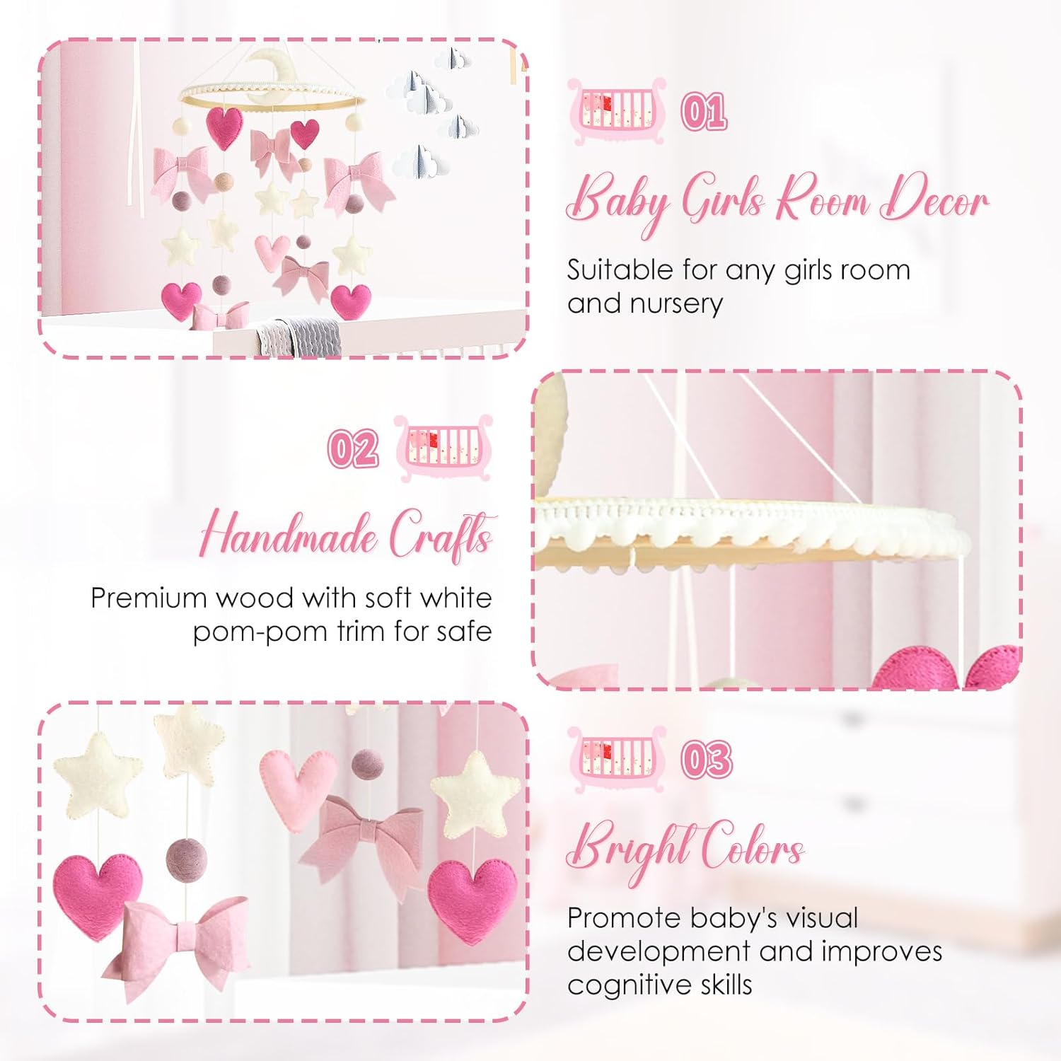 Baby Mobile for Crib Pink Bow Baby Crib Mobile for Girls Handmade Coquette Bow Nursery Decor for