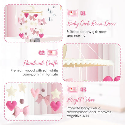 Baby Mobile for Crib Pink Bow Baby Crib Mobile for Girls Handmade Coquette Bow Nursery Decor for