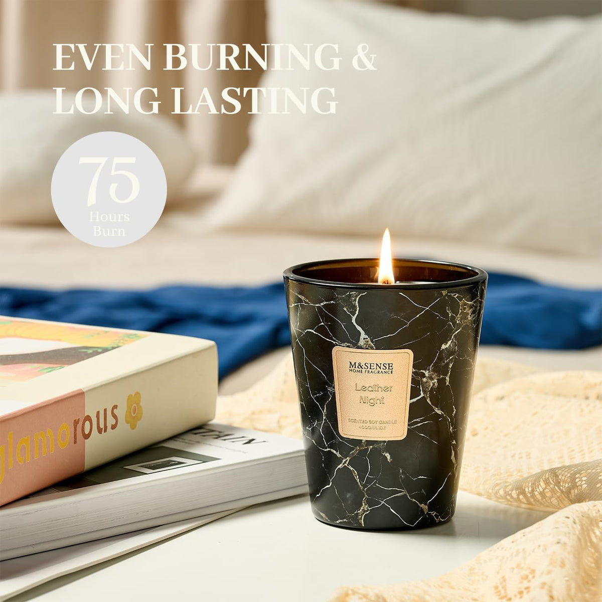 M&SENSE LeatherNight Scented Candles for Home, Lead-Free Wick Highly Scented Jar Candles, 14.1 Oz