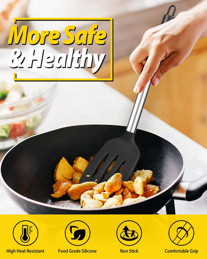 Pack of 2 Silicone Solid Turner, Non Stick Slotted Kitchen Spatulas, High Heat Resistant BPA Free