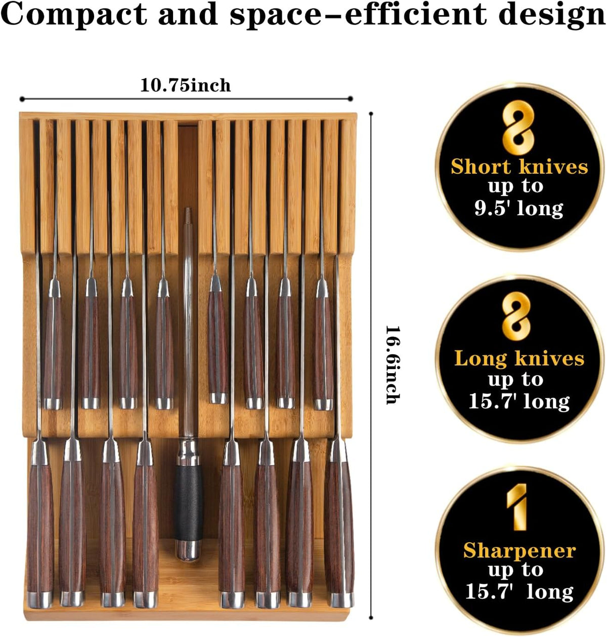 Bamboo Kitchen Drawer Knife Holder, In-drawer Knife Block, Knife Drawer Organizer fit for 16 knives