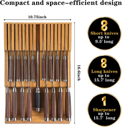 Bamboo Kitchen Drawer Knife Holder, In-drawer Knife Block, Knife Drawer Organizer fit for 16 knives