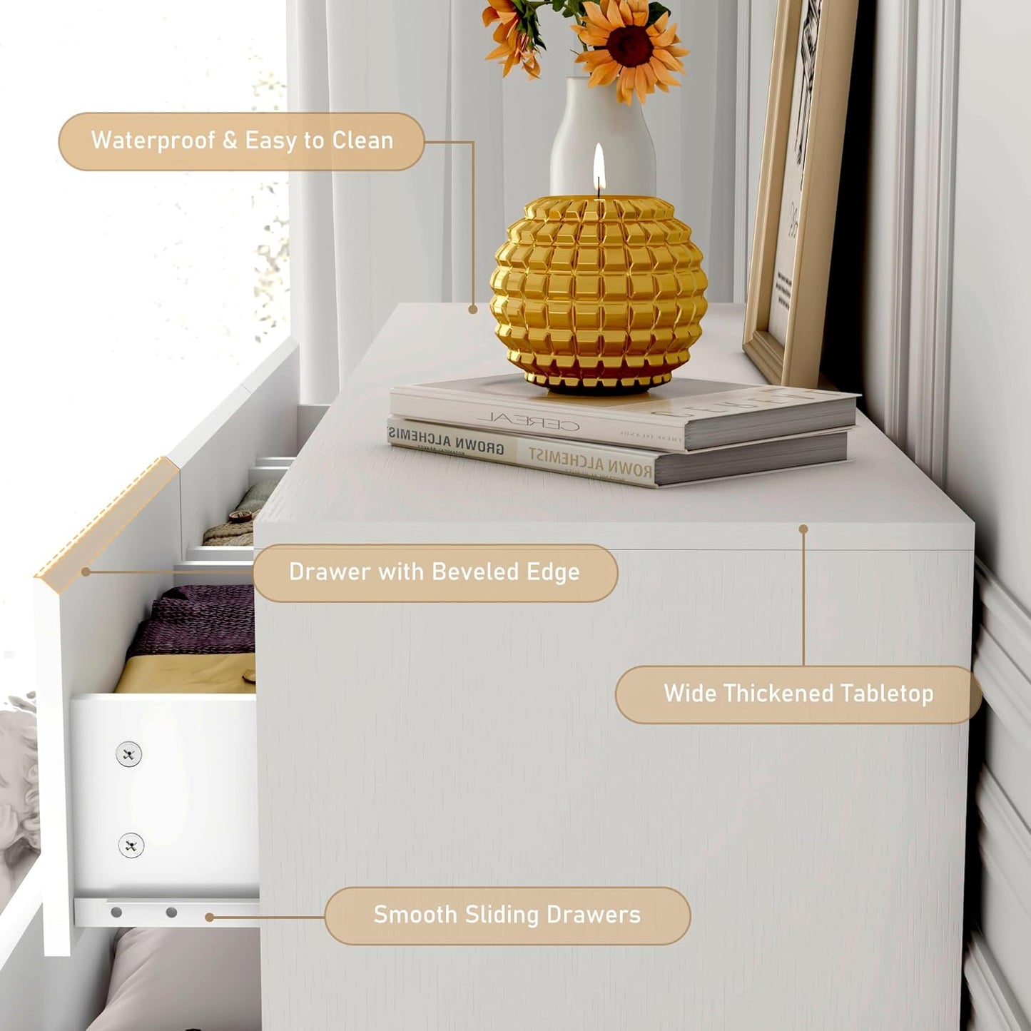 White Malm Dresser for Bedroom, 63 Inch Long 9 Drawers Dresser with Charging Station, Modern Large