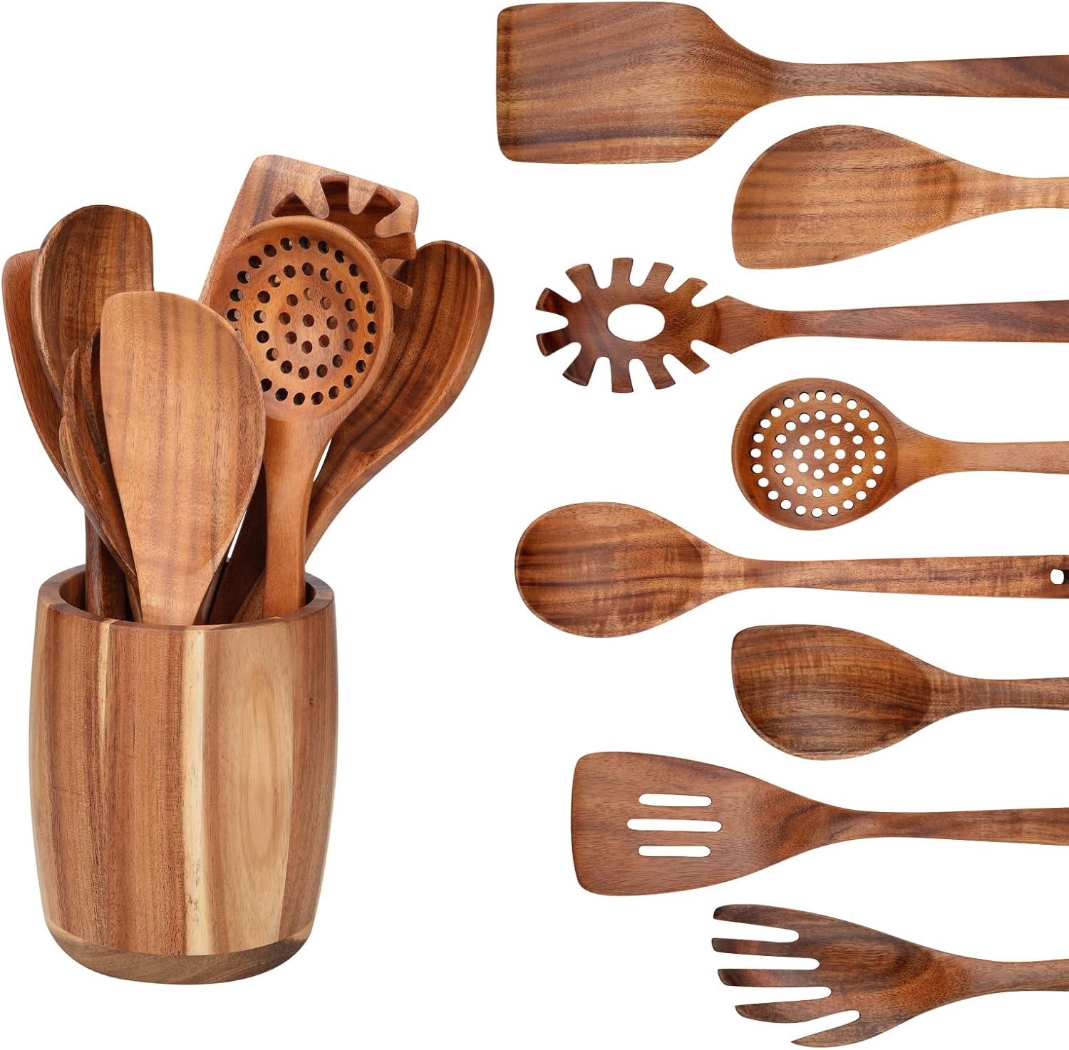 9 PCS Kitchen Utensils Set - Wooden Spoons for Cooking, Natural Teak Wooden Utensils - Includes