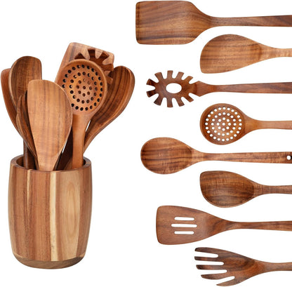 9 PCS Kitchen Utensils Set - Wooden Spoons for Cooking, Natural Teak Wooden Utensils - Includes