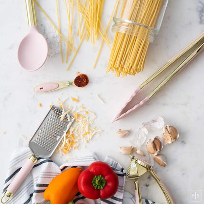 Gold and Pink Kitchen Utensil Set with Holder - 7-Piece Cooking Tools with Gold Whisk, Ladle