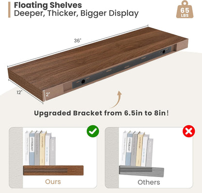 Heimlove 12" Deep Floating Shelves, 36 x 12 Inch Wall Mounted Long Floating Shelf with Invisible