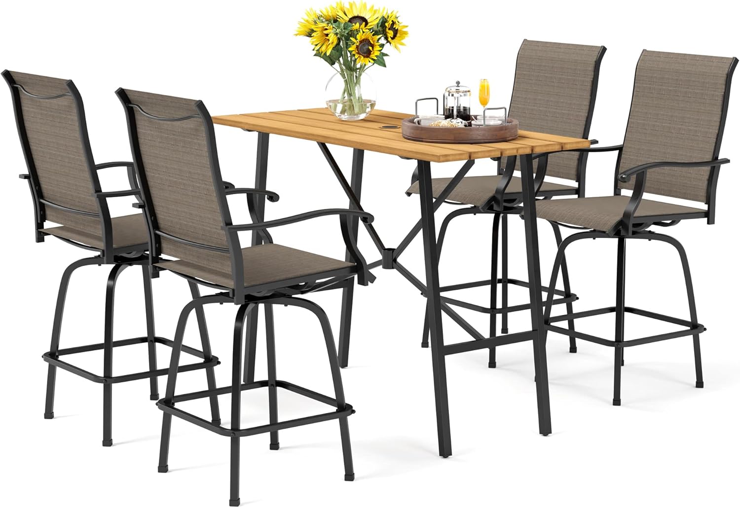 PHI VILLA Outdoor Patio Bar Set for 5, High Top Patio Bar Table and Chairs Set with 4 Patio Swivel