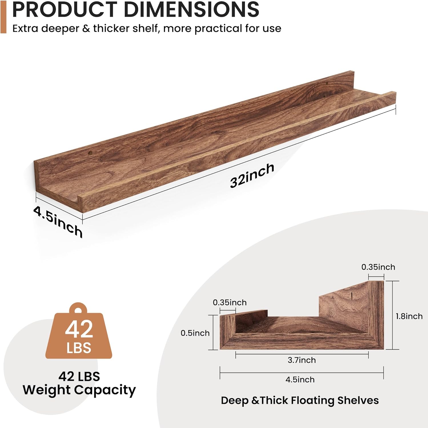 Fun Memories Picture Ledge Shelves Set of 2, 24 Inch Rustic Wall Mounted Floating Shelves with Lip