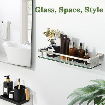 Alise Bathroom Glass Shelf with Stainless Steel Railing, Brushed Nickel Small Tempered Glass