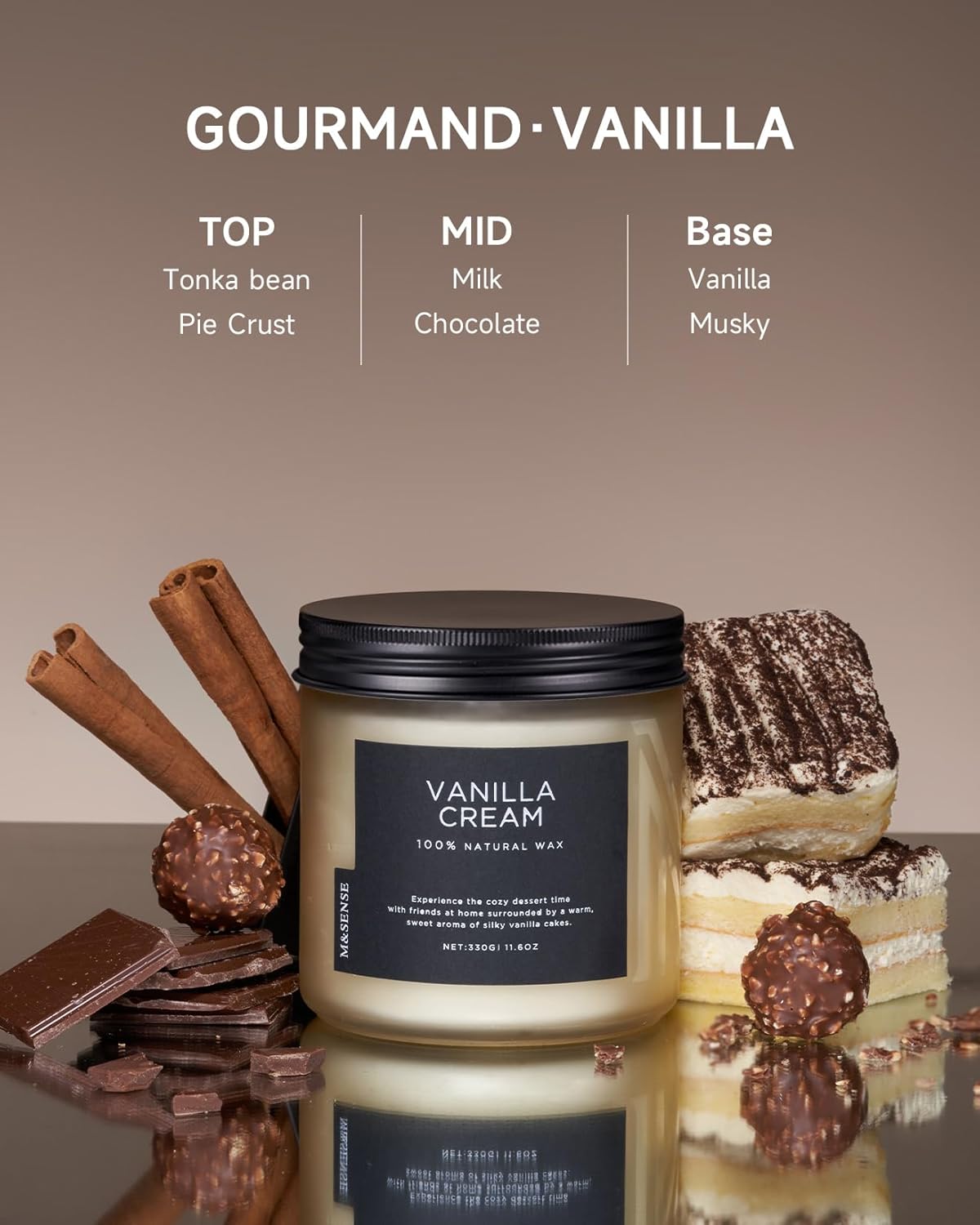 M&SENSE Vanilla Soy Candles, Medium 2 Wick 11.6oz 70 Hours Burning Time, All Natural Organic Soy
