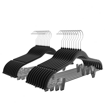 VECELO 20 Pack Black Velvet Clothes Hangers with Adjustable Clips,Heavy-Duty Non Slip &