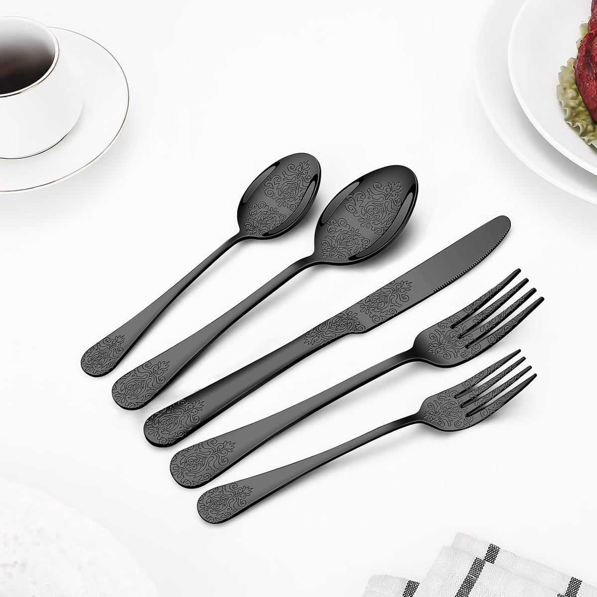 40 Pcs Black Silverware Set for 8 with Classical Flower Embossed Design, Food Grade Stainless Steel