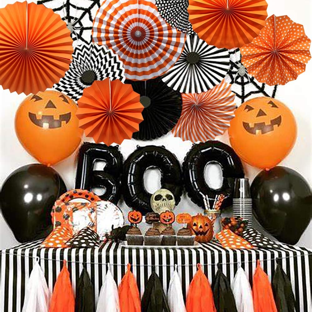 Party Hanging Paper Fans Set, Orange Round Pattern Paper Garlands Decoration for Birthday Wedding
