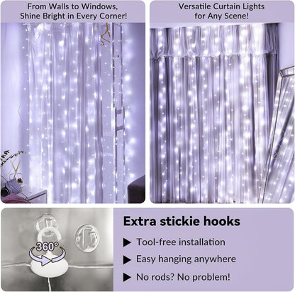 HXWEIYE 300LED Fairy Curtain Light (Upgrade Two Kinds of Light Clips) with Remote 8 Modes