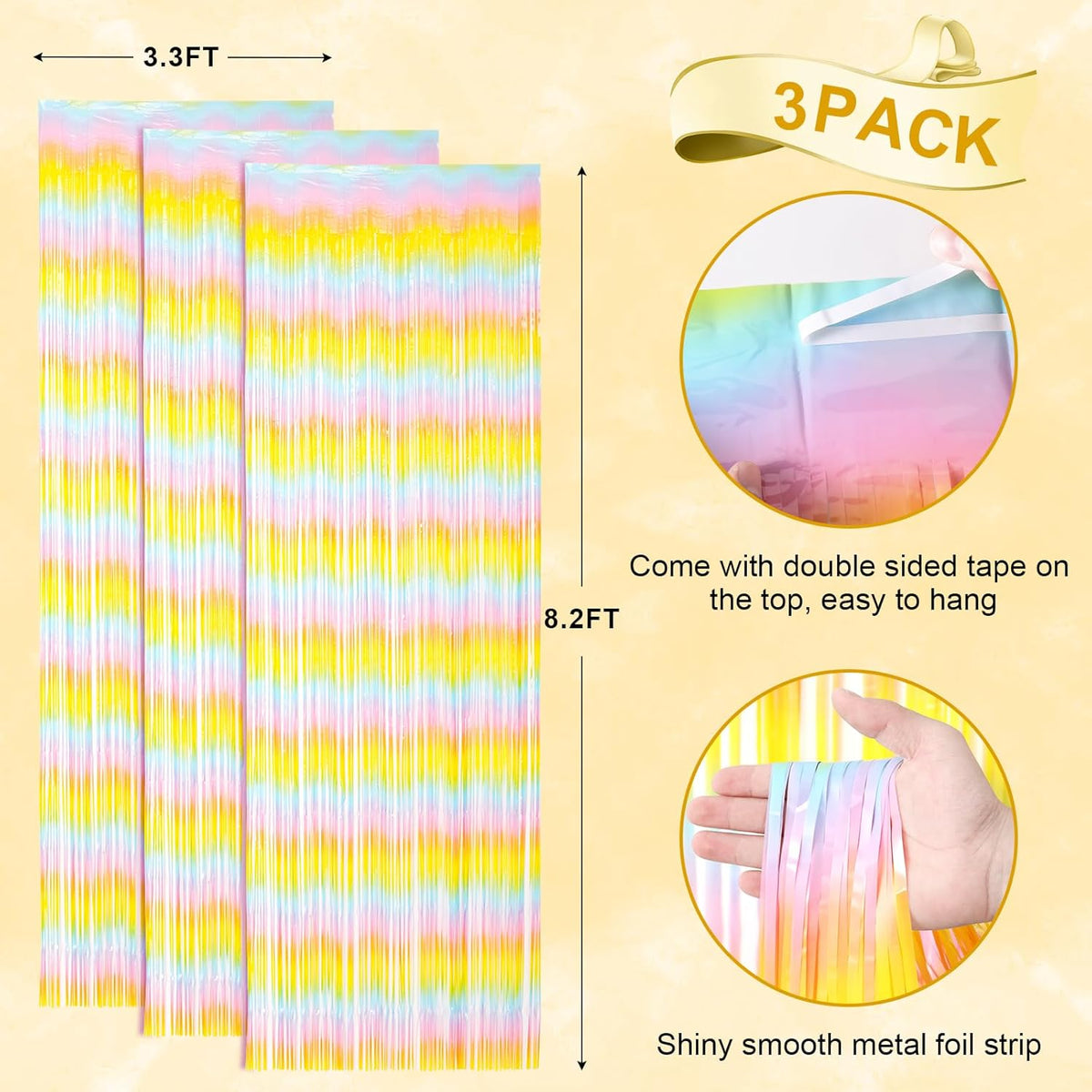 3 Pack 3.3 x 8.2 ft Pastel Rainbow Foil Fringe Backdrop Curtains, Tinsel Streamers Birthday Party