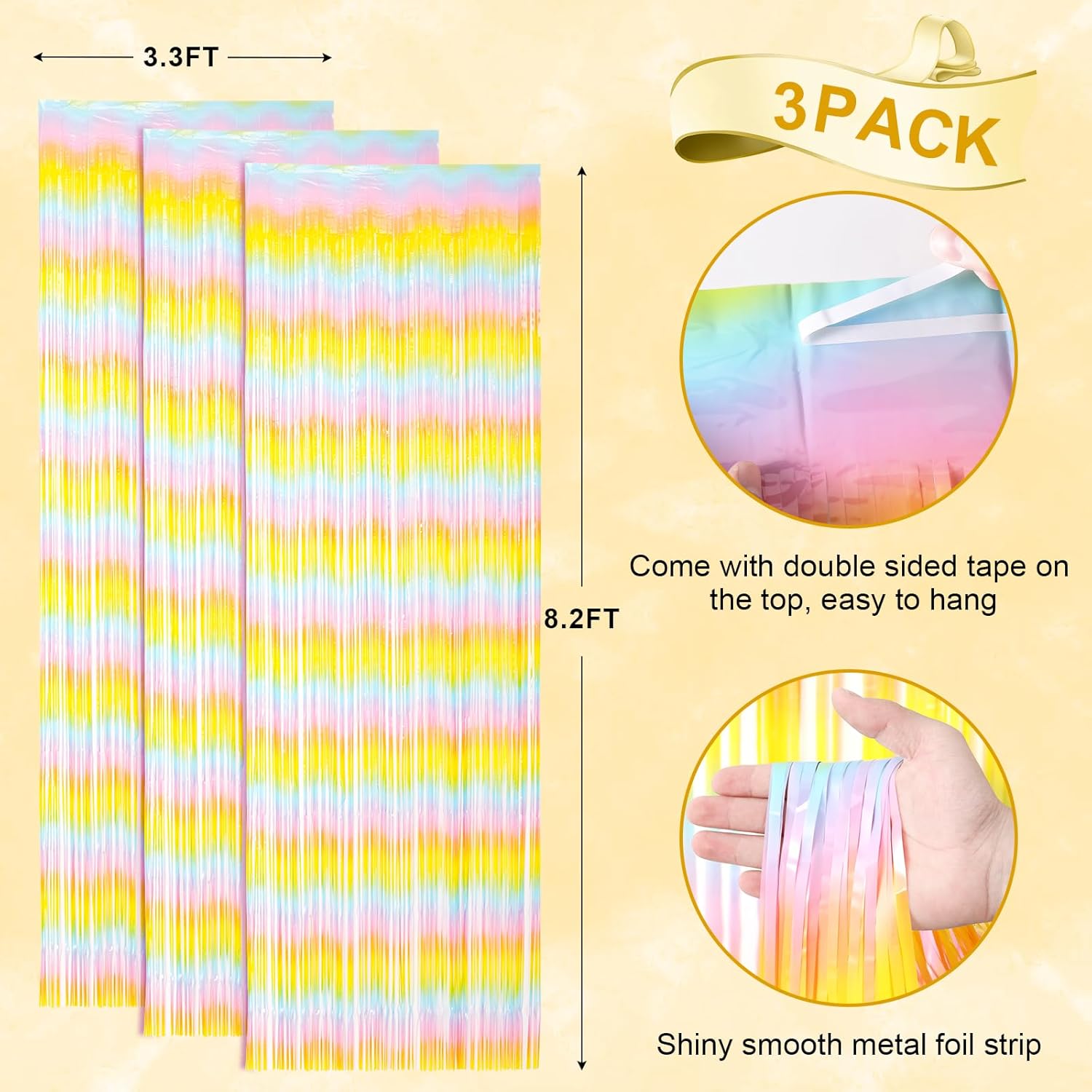 3 Pack 3.3 x 8.2 ft Pastel Rainbow Foil Fringe Backdrop Curtains, Tinsel Streamers Birthday Party