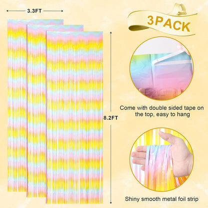 3 Pack 3.3 x 8.2 ft Pastel Rainbow Foil Fringe Backdrop Curtains, Tinsel Streamers Birthday Party