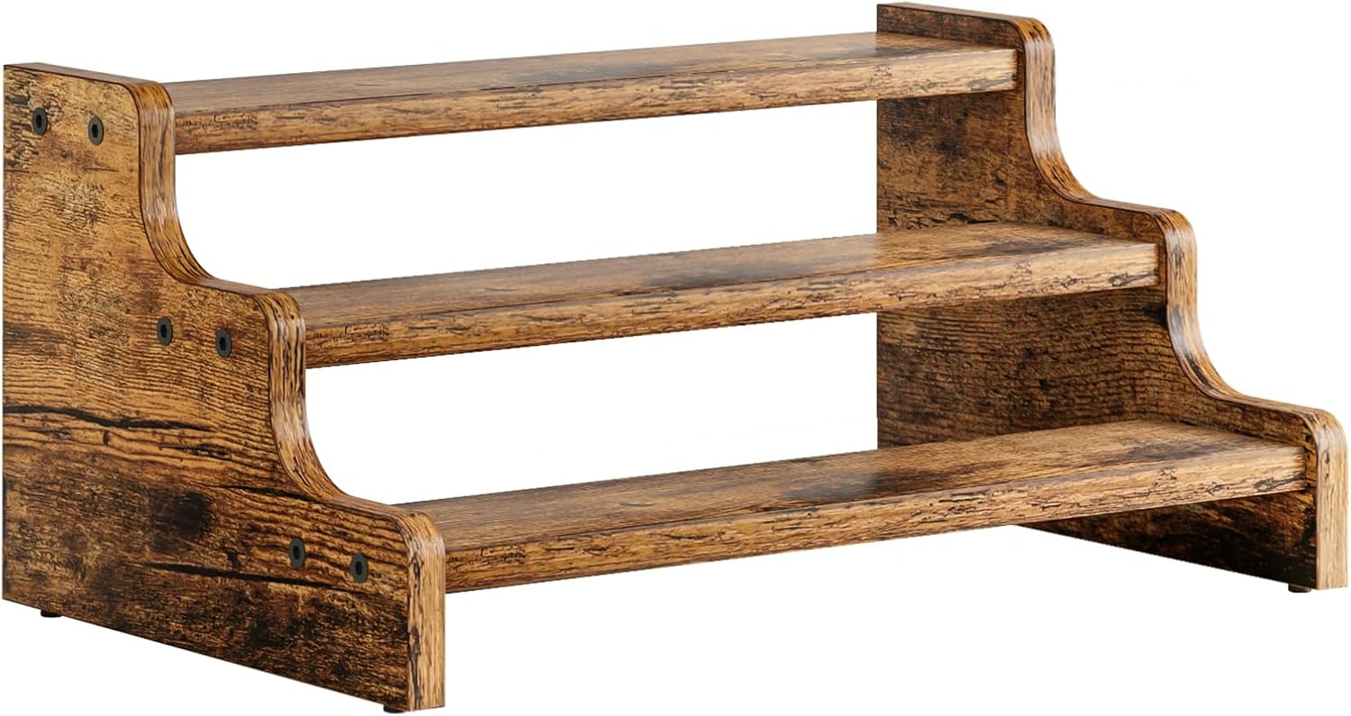 KLM 3-Tier Spice Rack, 13.8 Inch Wood Step Shelf Countertop Spice Storage Holder, Kitchen Pantry