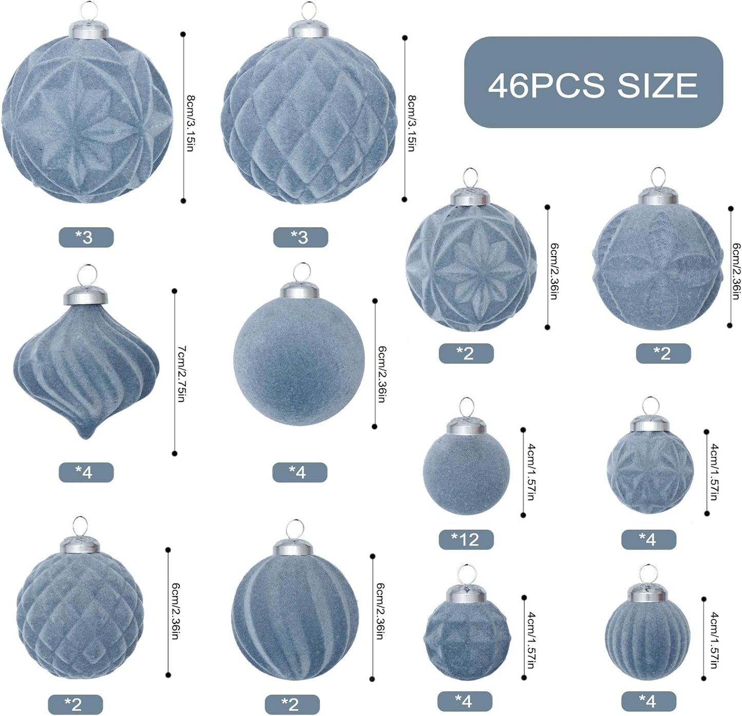 46PCS Velvet Christmas Ball Ornaments Set, Flocked Shatterproof Xmas Tree Decor, Assorted Hanging