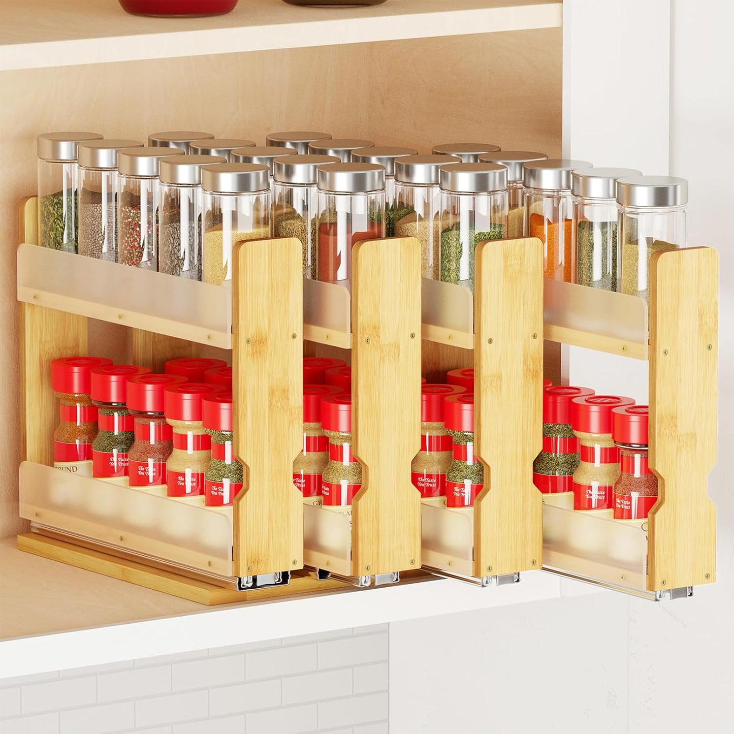 SpaceAid Bamboo Pull Out Spice Rack Organizer for Cabinet, Heavy Duty Slide Out Seasoning Kitchen