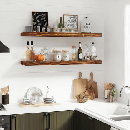 Floating Wall Shelves 2-Pack - 36-Inch Rustic Brown Wooden Shelves for Storage and Décor, Easy