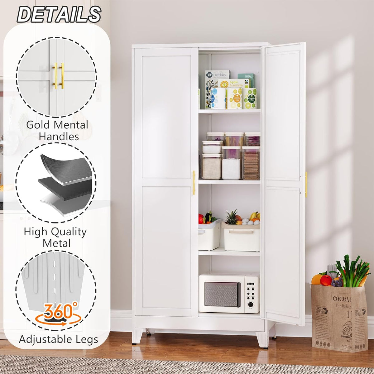 Metal Pantry Cabinet with 2 Doors and Adjustable Shelves - 61" Kitchen Storage Cabinet with Gold
