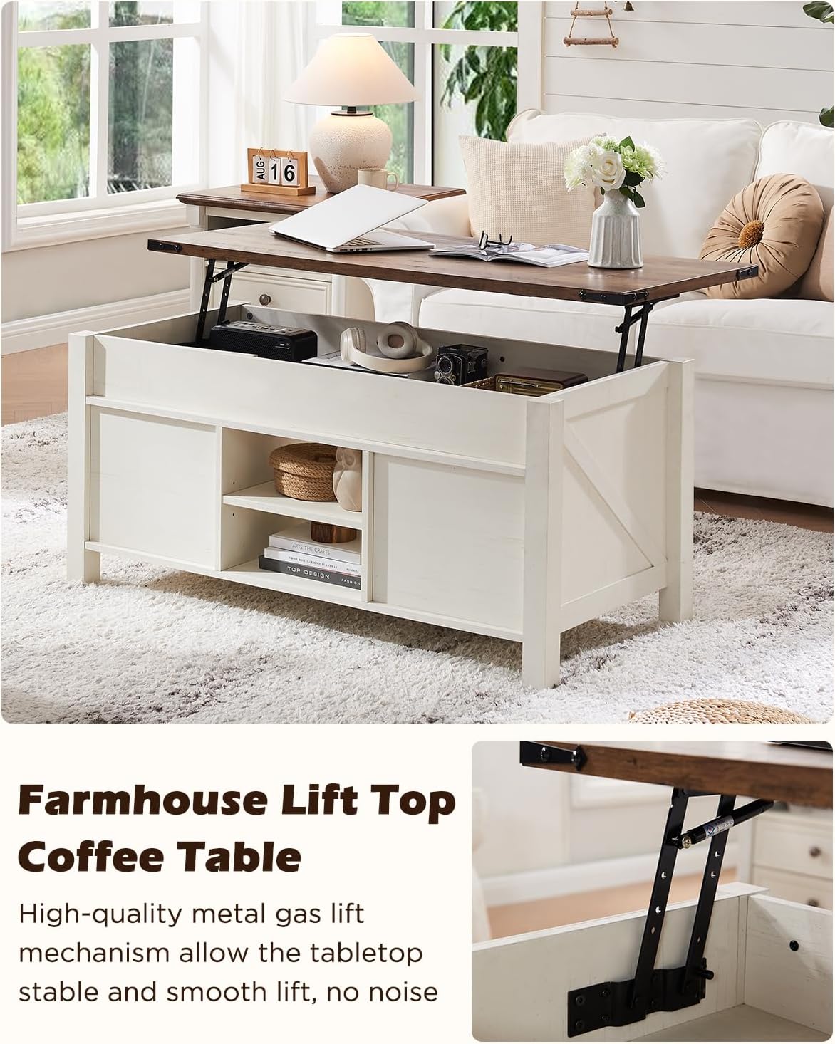 OKD 48" Farmhouse Lift Top Coffee Table with Sliding Barn Door,Rustic Center Table with Hidden