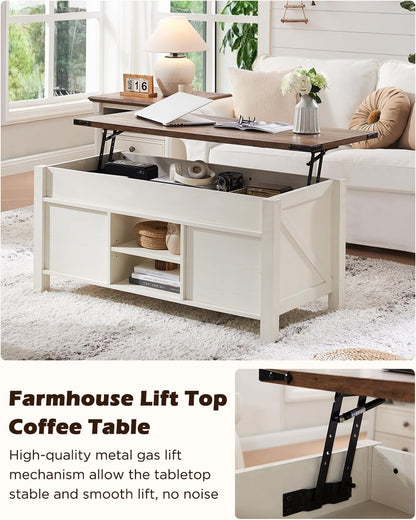 OKD 48" Farmhouse Lift Top Coffee Table with Sliding Barn Door,Rustic Center Table with Hidden