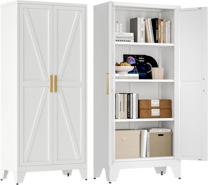61" Tall Farmhouse Metal Pantry Cabinet, Kitchen Pantry Storage Cabinets with 2 Barn Door and