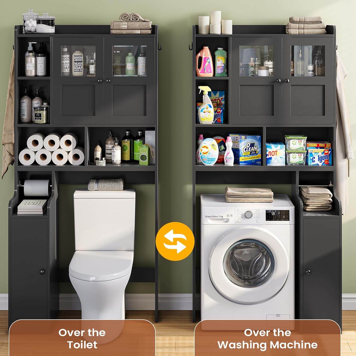 Itaar Over The Toilet Storage Cabinet, Over Toilet Bathroom Organizer with Glass Doors & Toilet