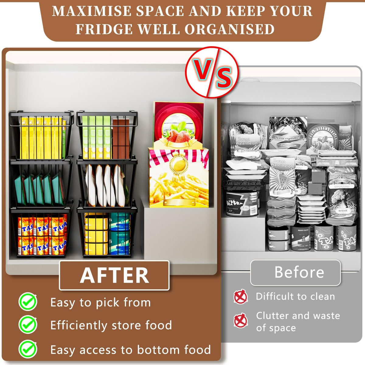 5 Pack Stackable Deep Freezer Organizer Bins ，Upgraded Bottom Leak-Proof net，Encryption and