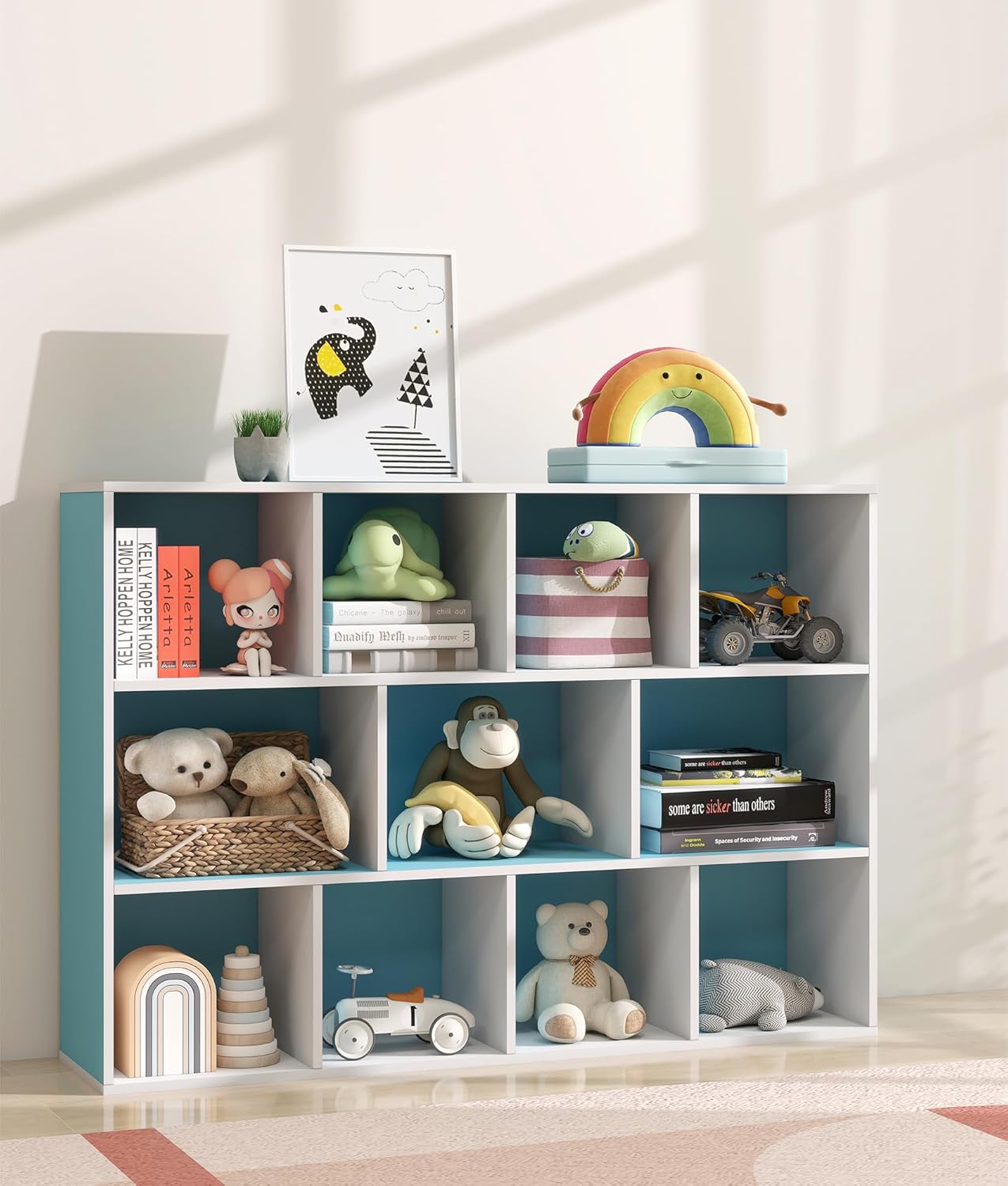 11-Cube Blue Kids Bookshelf and Toy Organizer – Wooden Storage Shelf for Boys Bedroom, Open Cube