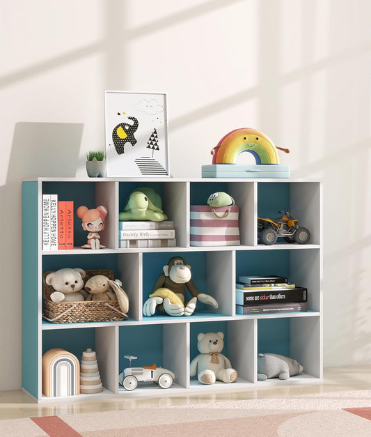 11-Cube Blue Kids Bookshelf and Toy Organizer – Wooden Storage Shelf for Boys Bedroom, Open Cube