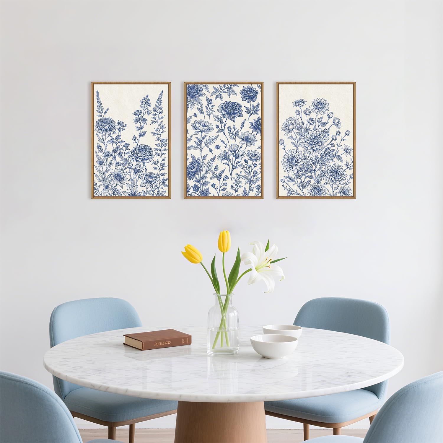 Classic Chinoiserie Floral Framed Canvas Wall Art Set, Blue and White Flower Wall Decor, Navy