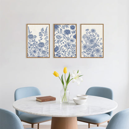 Classic Chinoiserie Floral Framed Canvas Wall Art Set, Blue and White Flower Wall Decor, Navy