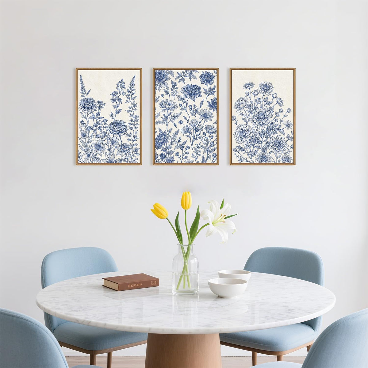 Classic Chinoiserie Floral Framed Canvas Wall Art Set, Blue and White Flower Wall Decor, Navy