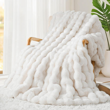 Touchat Luxury 1000GSM Rabbit Faux Fur Twin Blanket, Super Heavy Warm Cozy Beige Cream Blankets for